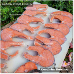 Salmon BONE-IN Atlantic Chile frozen MEDIUM SIZE portioned 1/3 CUTS for small roast +/- 1 kg/pc (price/kg)